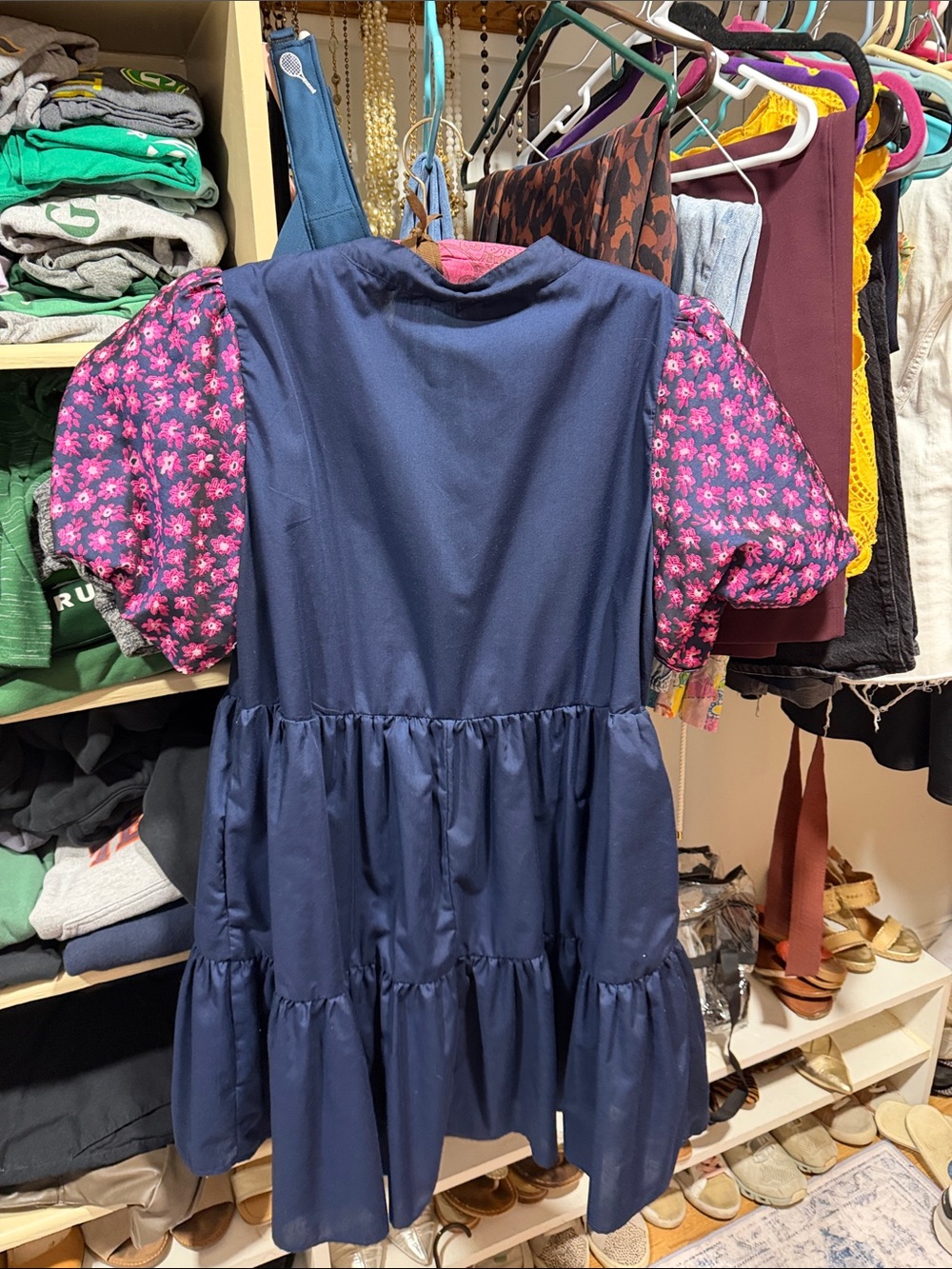 entro Navy Mini Dress with Pink Floral Puff Sleeves - Picture 3 of 3